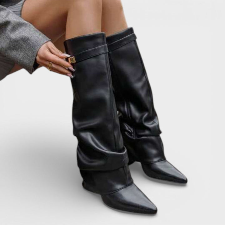 Tammy – Pointed Toe Slouchy Knee Boots with Metallic Clasp