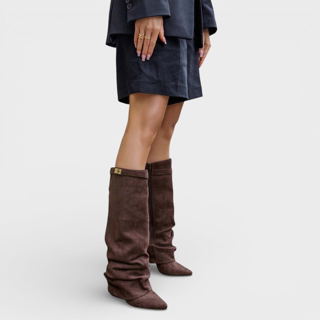 Tammy – Pointed Toe Slouchy Knee Boots with Metallic Clasp