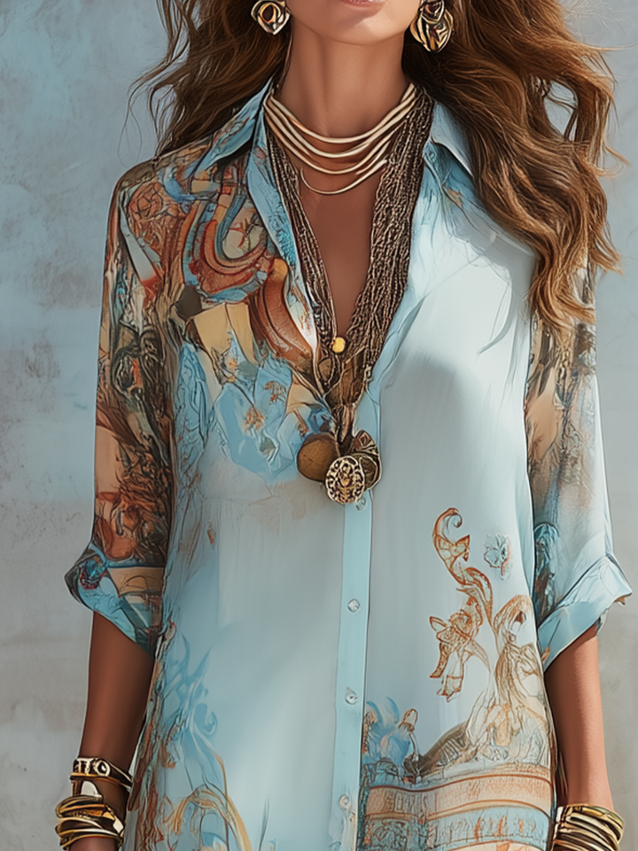 Maria - Baroque Style Floral Blue Chiffon Maxi Dress
