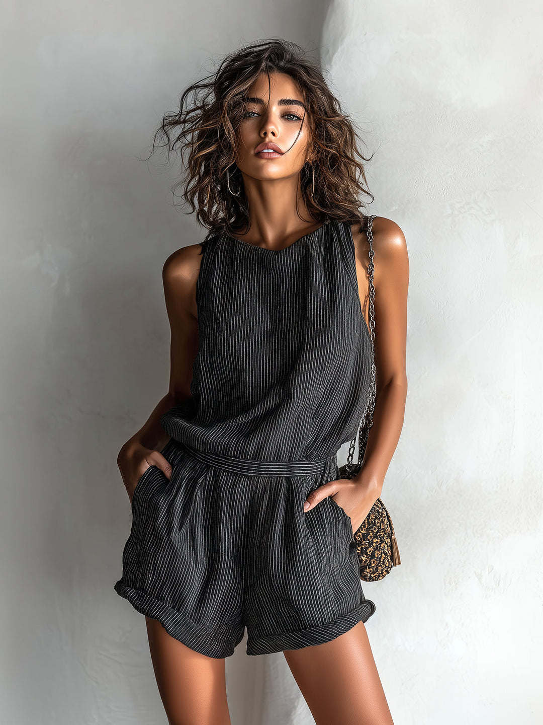 Ora - Chic Casual Black Stripe Romper