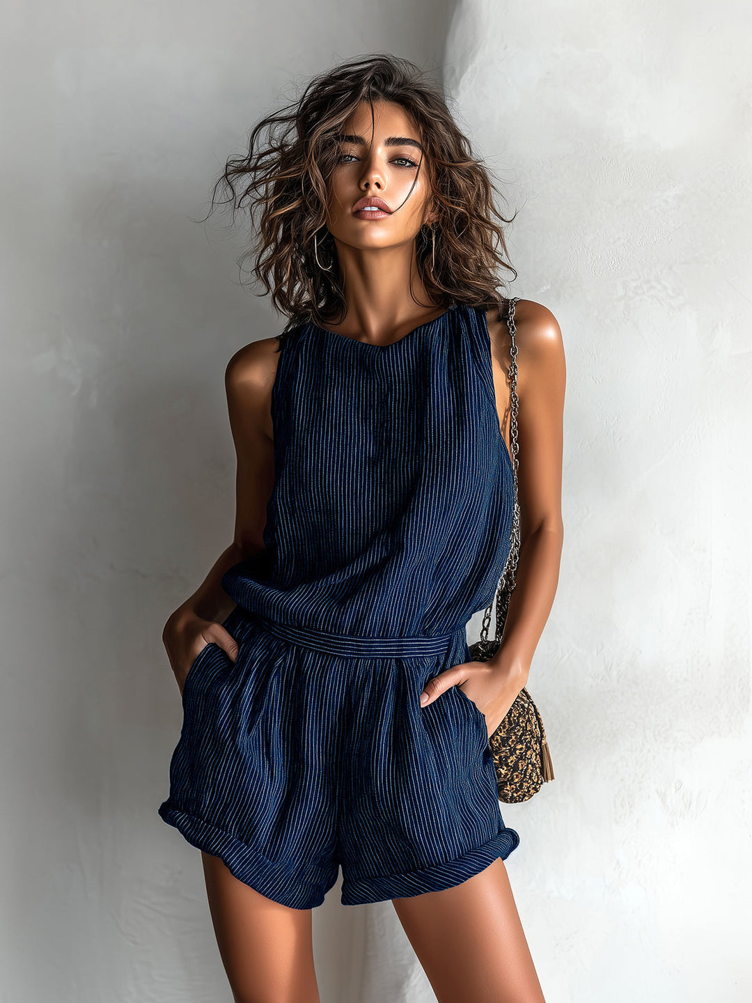 Ora - Chic Casual Black Stripe Romper