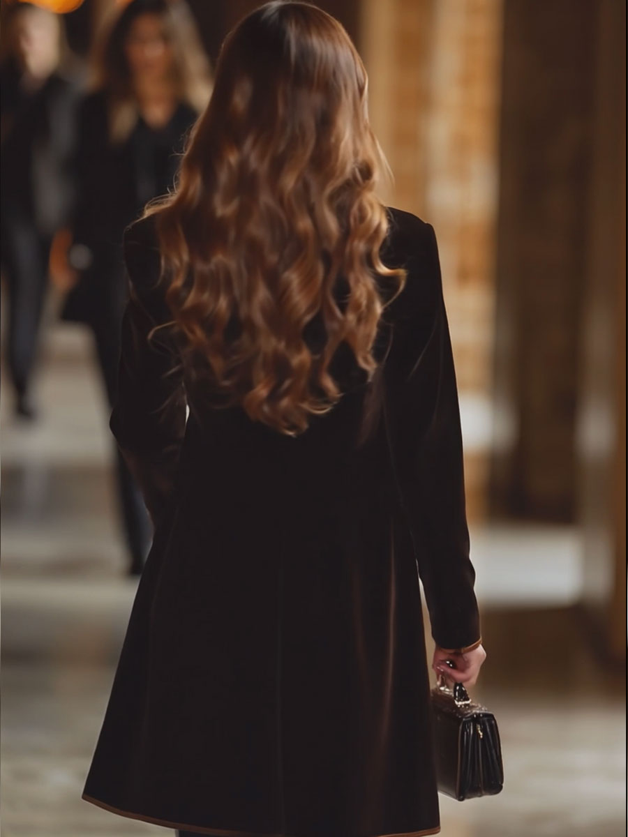 Brown Velvet Colour-Block Lapel Coat with Pockets