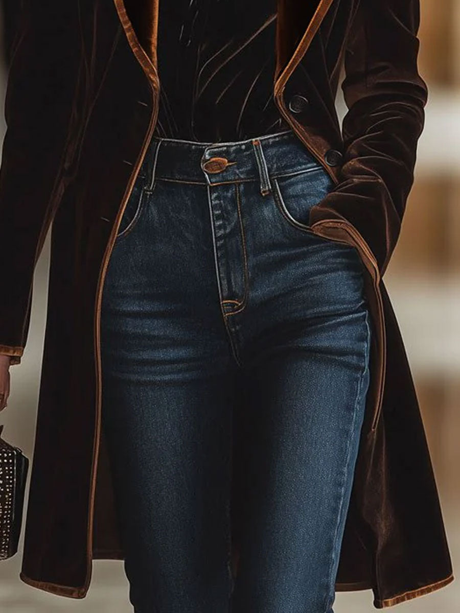 Brown Velvet Colour-Block Lapel Coat with Pockets