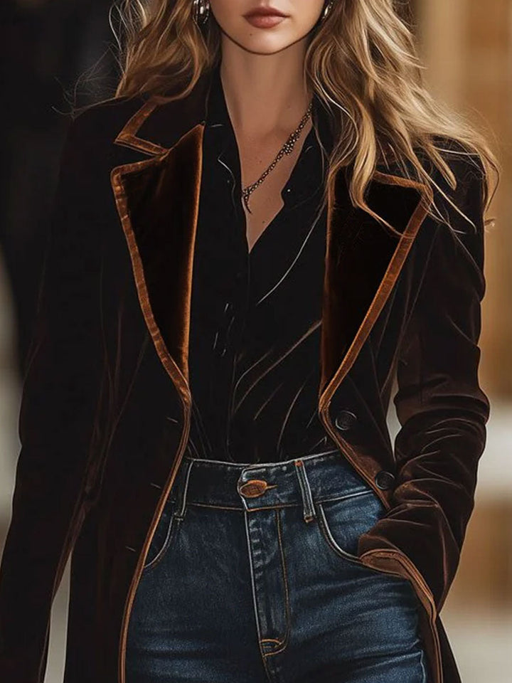 Brown Velvet Colour-Block Lapel Coat with Pockets
