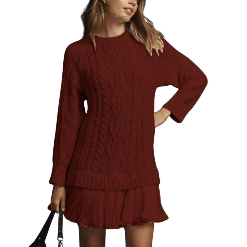 Elara™ | Cable Knit Sweater Dress with Pleated Hem
