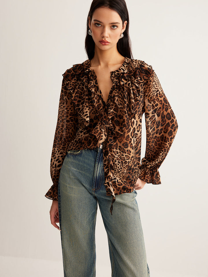 Dakota | Women’s Summer Leopard Ruffle Neck Blouse