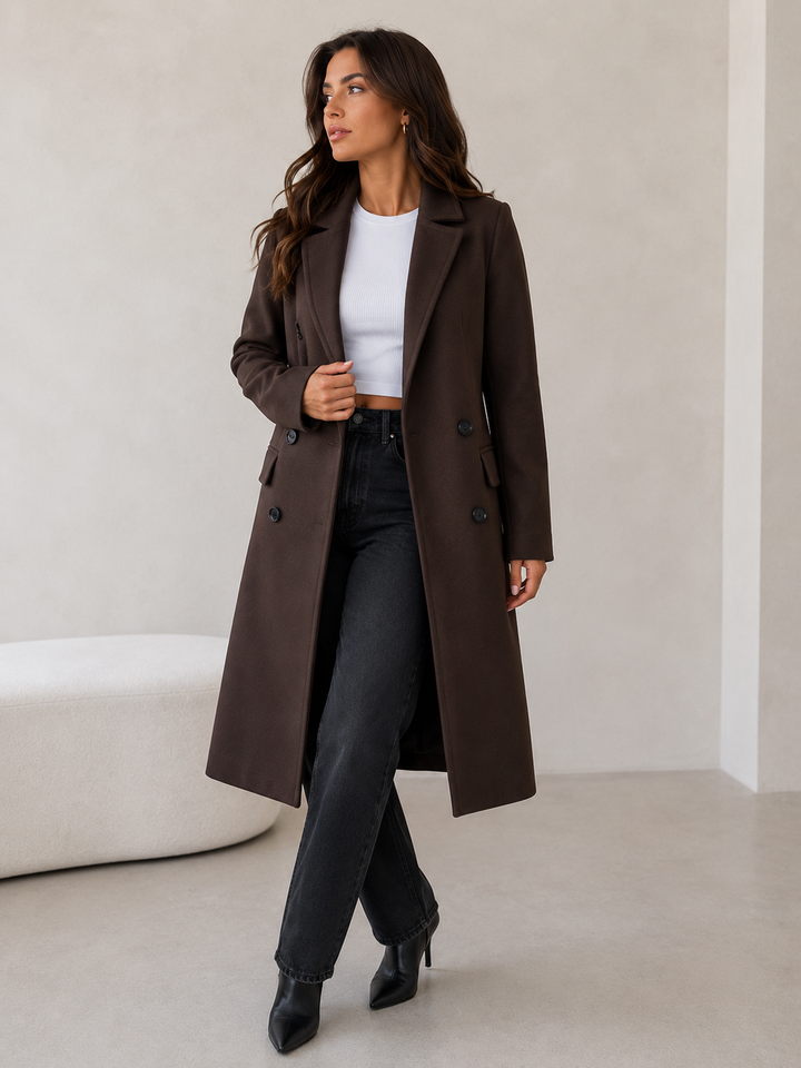 Double-Breasted Belted Longline Coat with Notched Lapel