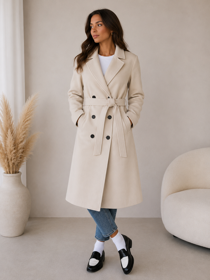 Double-Breasted Belted Longline Coat with Notched Lapel