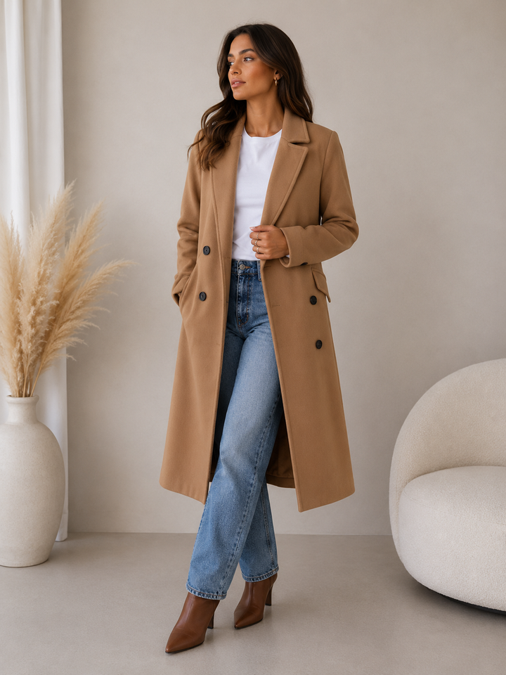 Double-Breasted Belted Longline Coat with Notched Lapel
