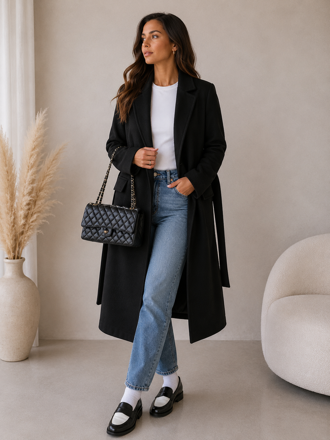 Double-Breasted Belted Longline Coat with Notched Lapel