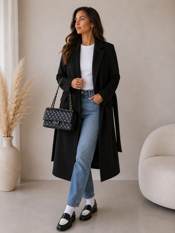 Double-Breasted Belted Longline Coat with Notched Lapel