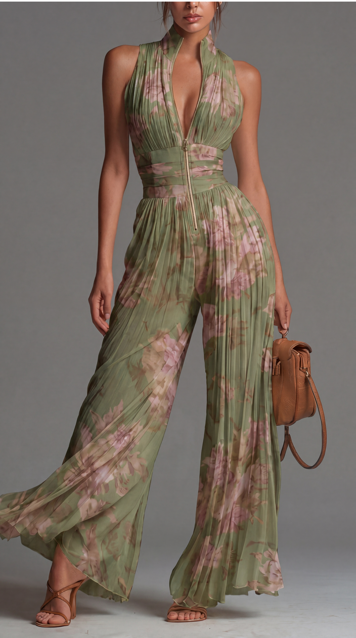 Sandra – Pleated Floral Chiffon Jumpsuit