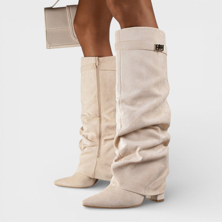 Tammy – Pointed Toe Slouchy Knee Boots with Metallic Clasp