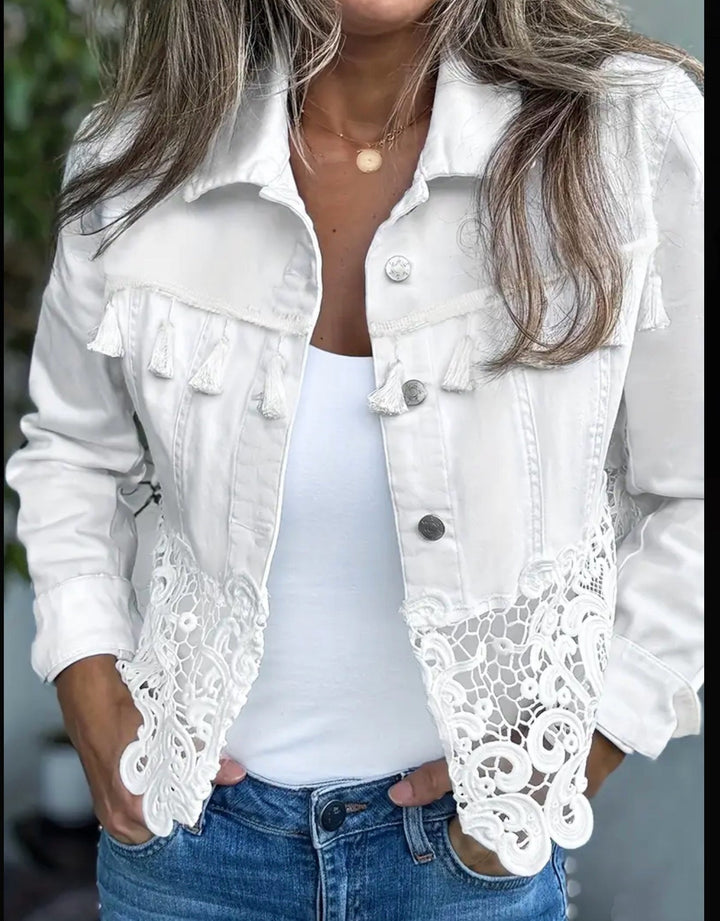 Delphine™ | Boho Lace Trim Denim Jacket with Tassels