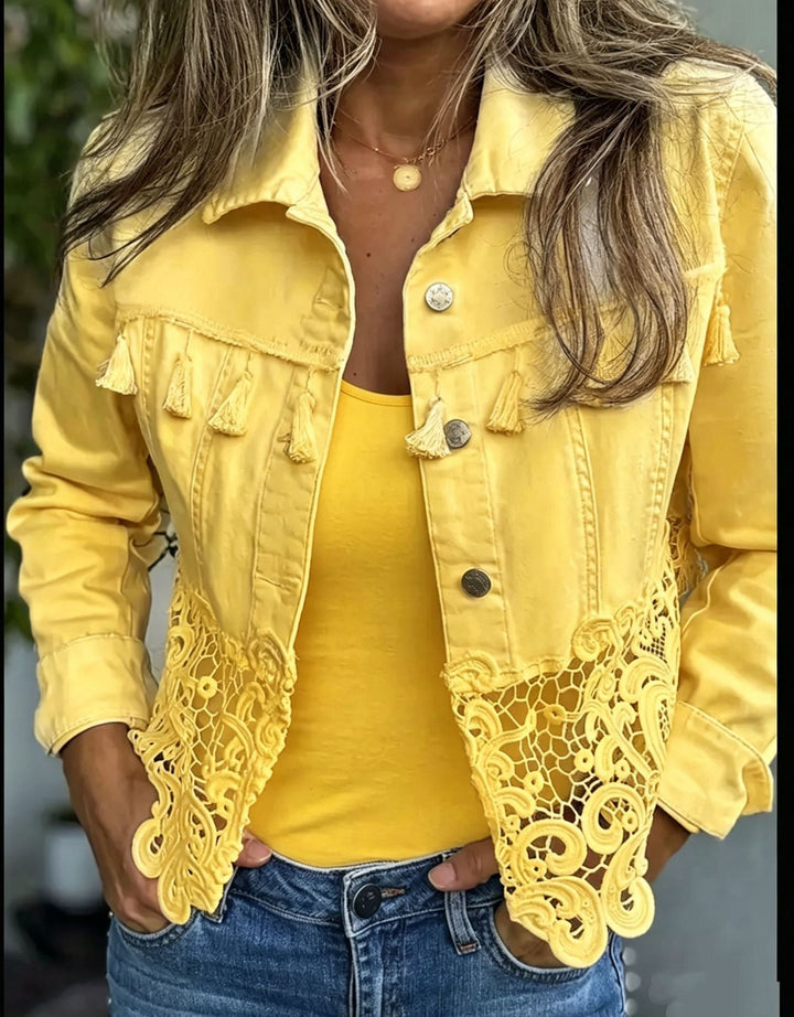 Delphine™ | Boho Lace Trim Denim Jacket with Tassels