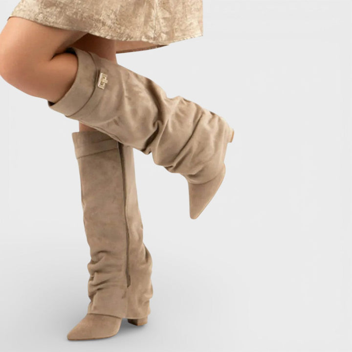 Tammy – Pointed Toe Slouchy Knee Boots with Metallic Clasp