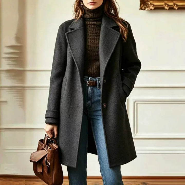 Button Front Wool Coat with Lapel Collar and Side Pocket