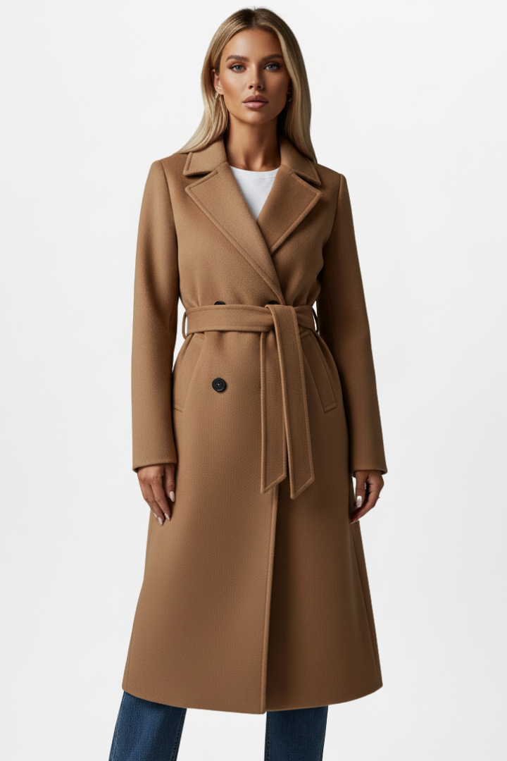 Double-Breasted Long Trench Coat with Belt