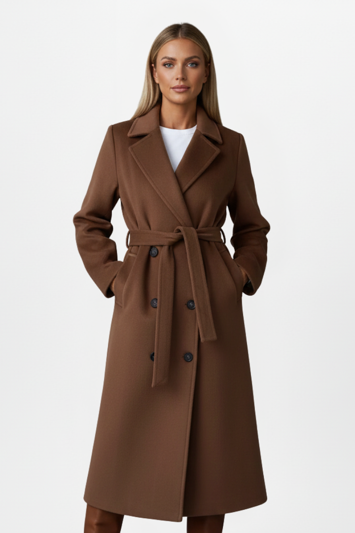 Double-Breasted Long Trench Coat with Belt