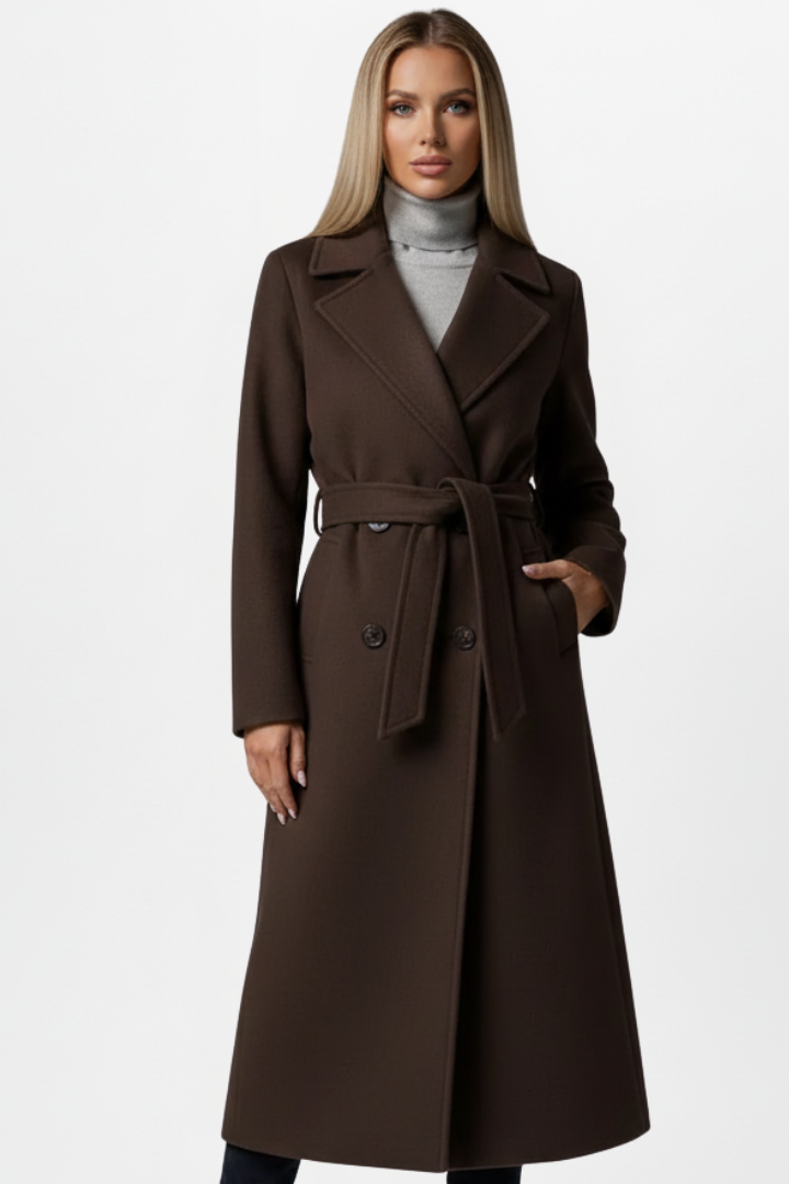 Double-Breasted Long Trench Coat with Belt