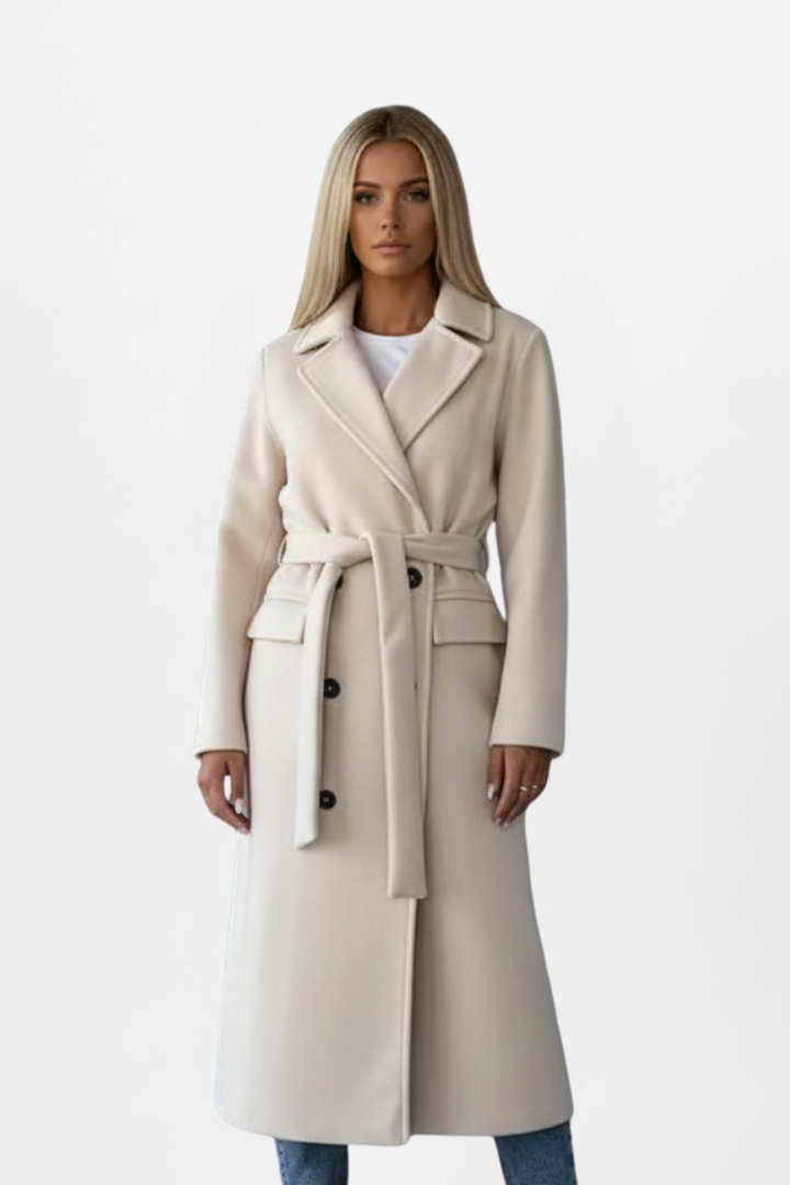 Double-Breasted Long Trench Coat with Belt