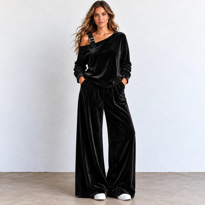 Women’s Off-shoulder Velvet Wide-Leg Two-Piece Set