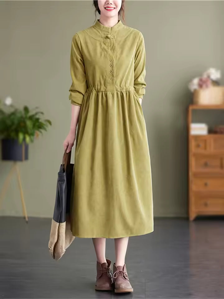 Adele Corduroy Midi Dress Stand-Collar Drawstring-Waist