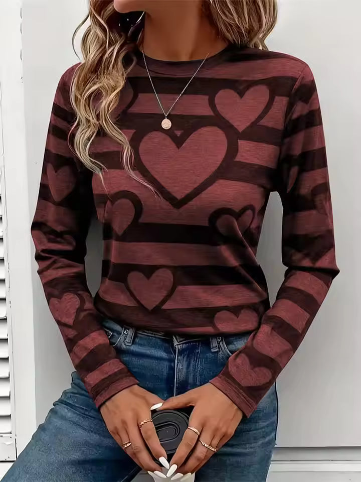 Amelia Heart-Print Striped Long-Sleeve T-Shirt Crewneck Relaxed Fit