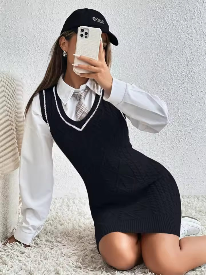 Amelia Cable-Knit Sweater Dress V-Neck Tie-Styled