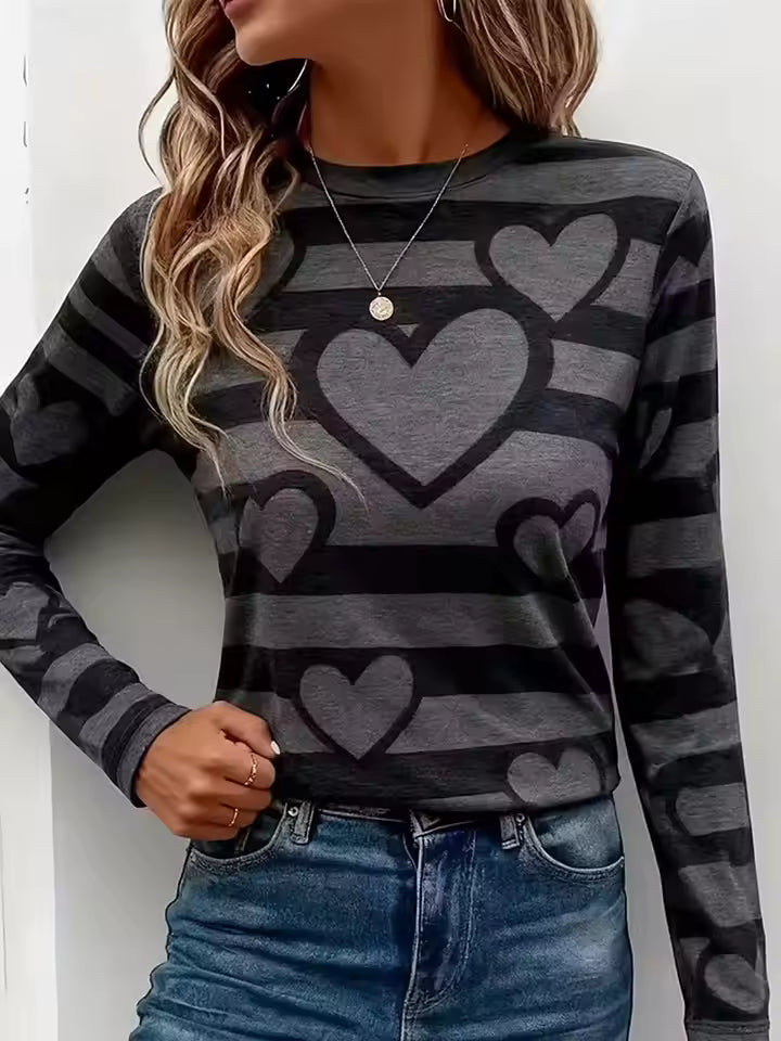 Amelia Heart-Print Striped Long-Sleeve T-Shirt Crewneck Relaxed Fit