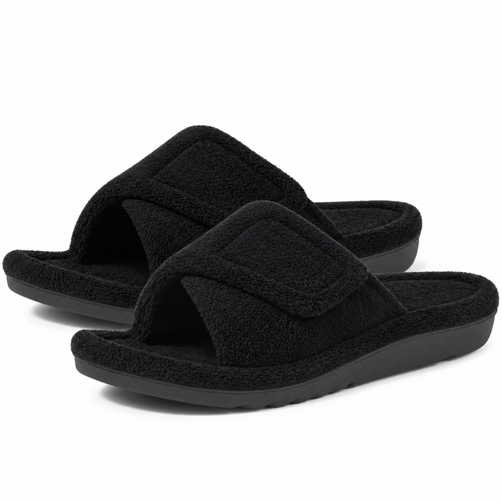 Aria Plush Slide Slippers Adjustable Strap Open-Toe Cushioned Footbed