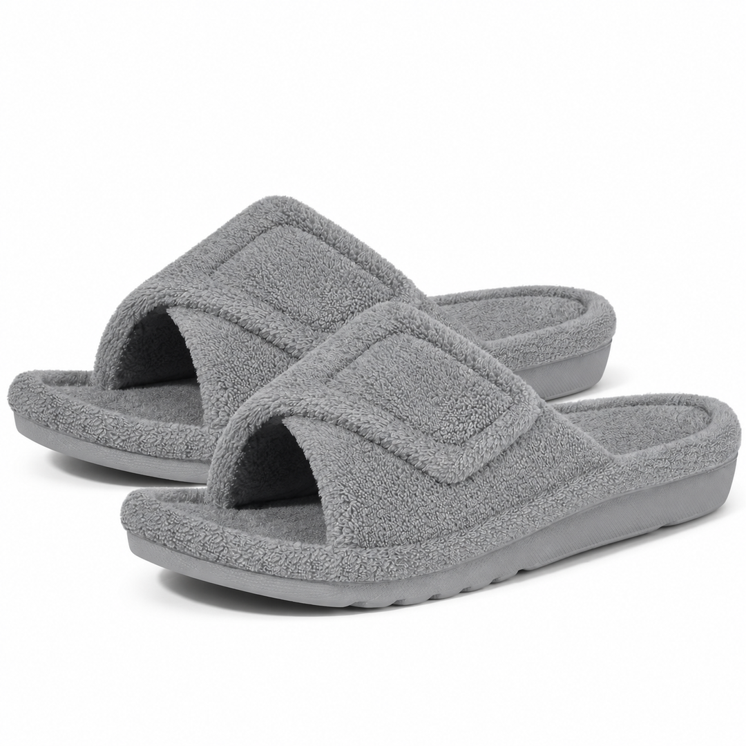 Aria Plush Slide Slippers Adjustable Strap Open-Toe Cushioned Footbed
