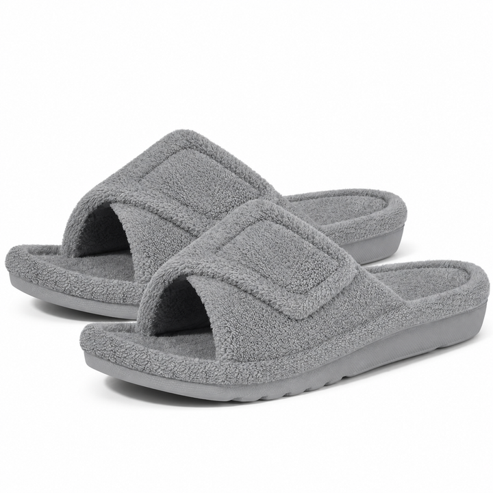 Aria Plush Slide Slippers Adjustable Strap Open-Toe Cushioned Footbed