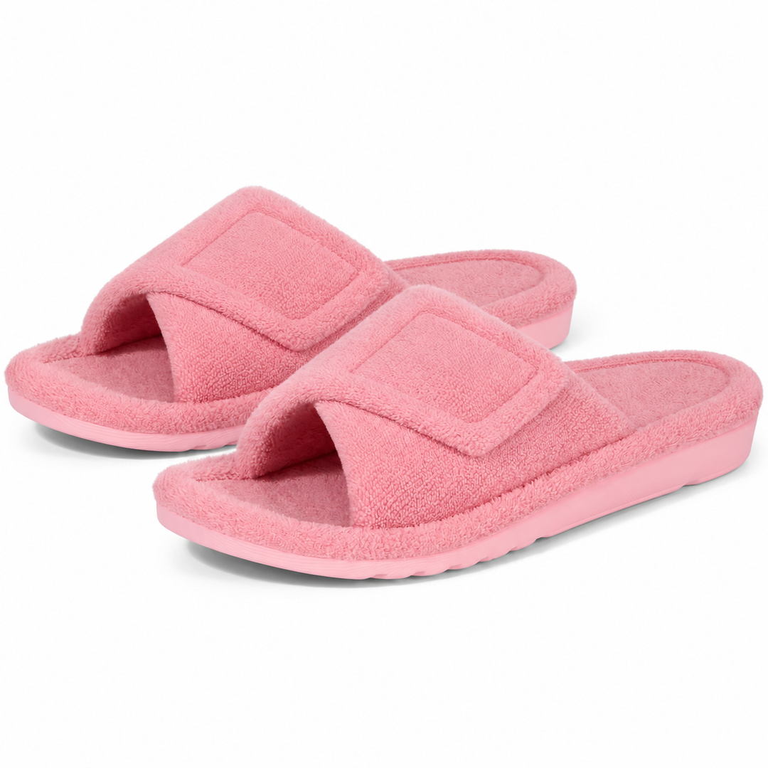 Aria Plush Slide Slippers Adjustable Strap Open-Toe Cushioned Footbed