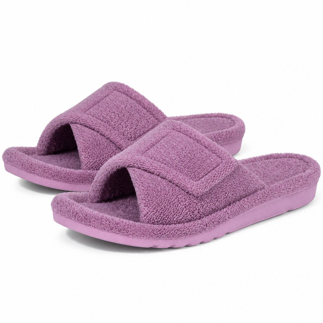 Aria Plush Slide Slippers Adjustable Strap Open-Toe Cushioned Footbed