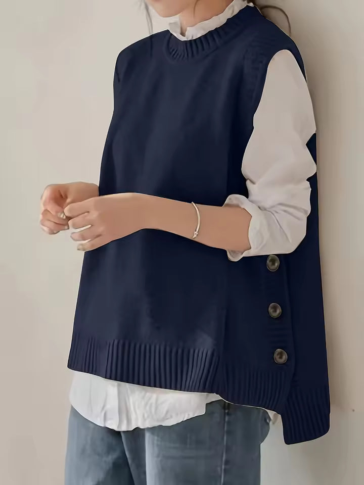 Audrey Knit Sweater Vest Sleeveless Side-Button Crewneck