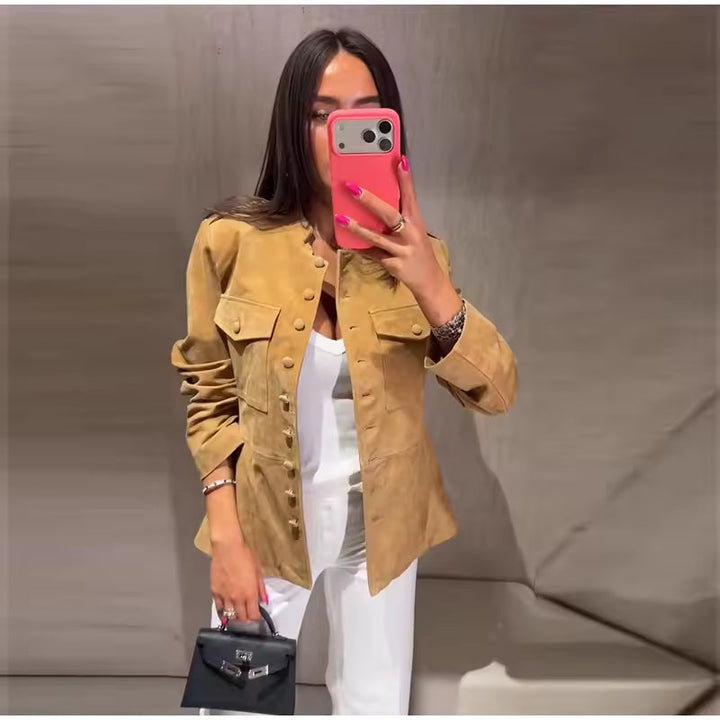 Audrey Faux-Leather Stand-Collar Jacket Covered Buttons Flap Pockets