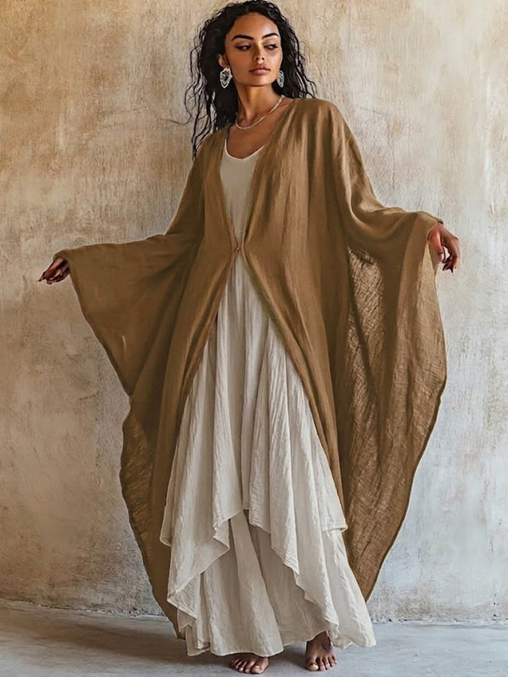 Loose And Comfortable Linen-cotton Two-piece Set: Cardigan And Sleeveless Dress