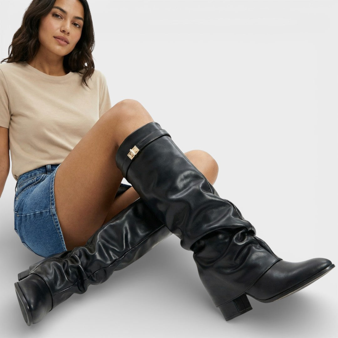 Tammy – Pointed Toe Slouchy Knee Boots with Metallic Clasp