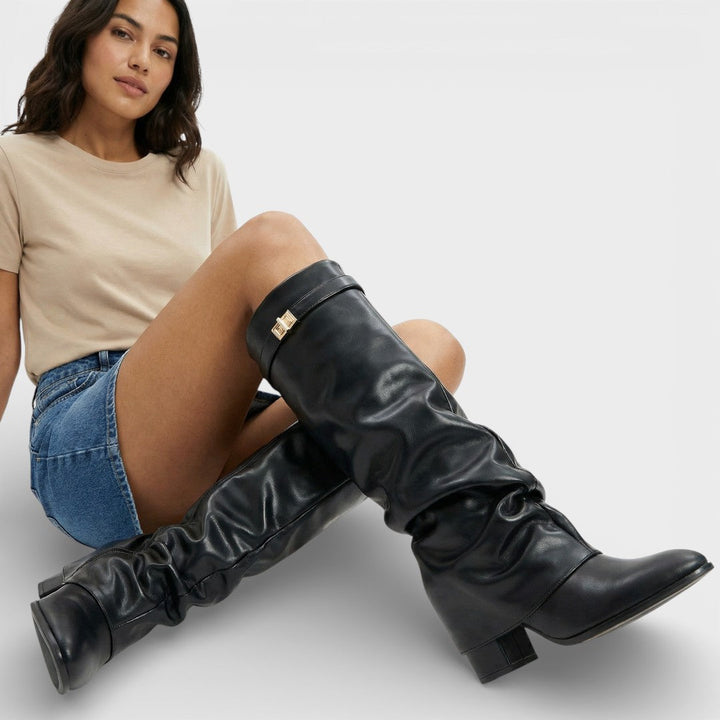 Tammy – Pointed Toe Slouchy Knee Boots with Metallic Clasp