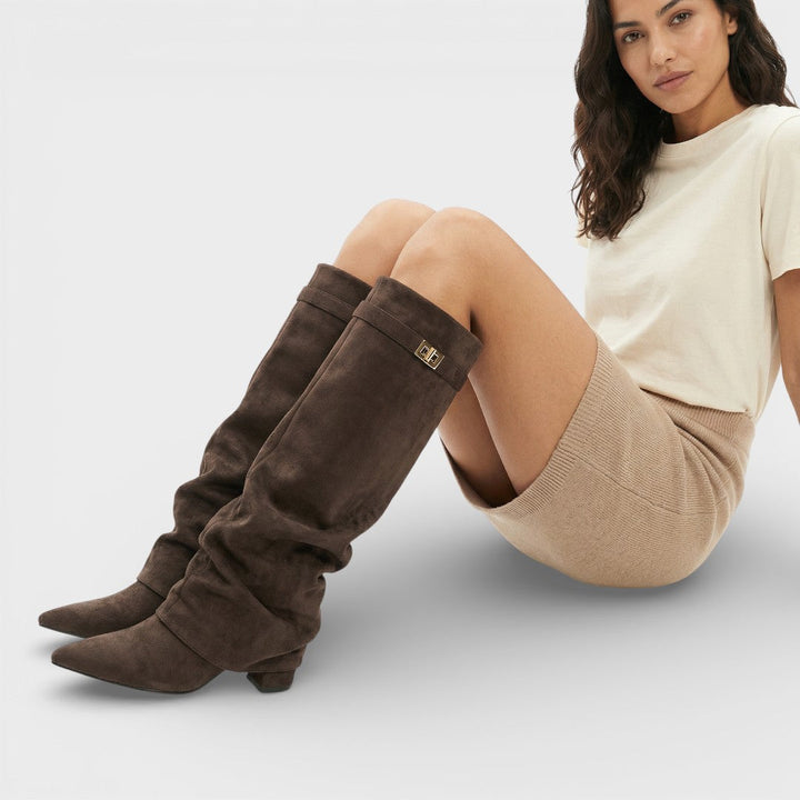 Tammy – Pointed Toe Slouchy Knee Boots with Metallic Clasp