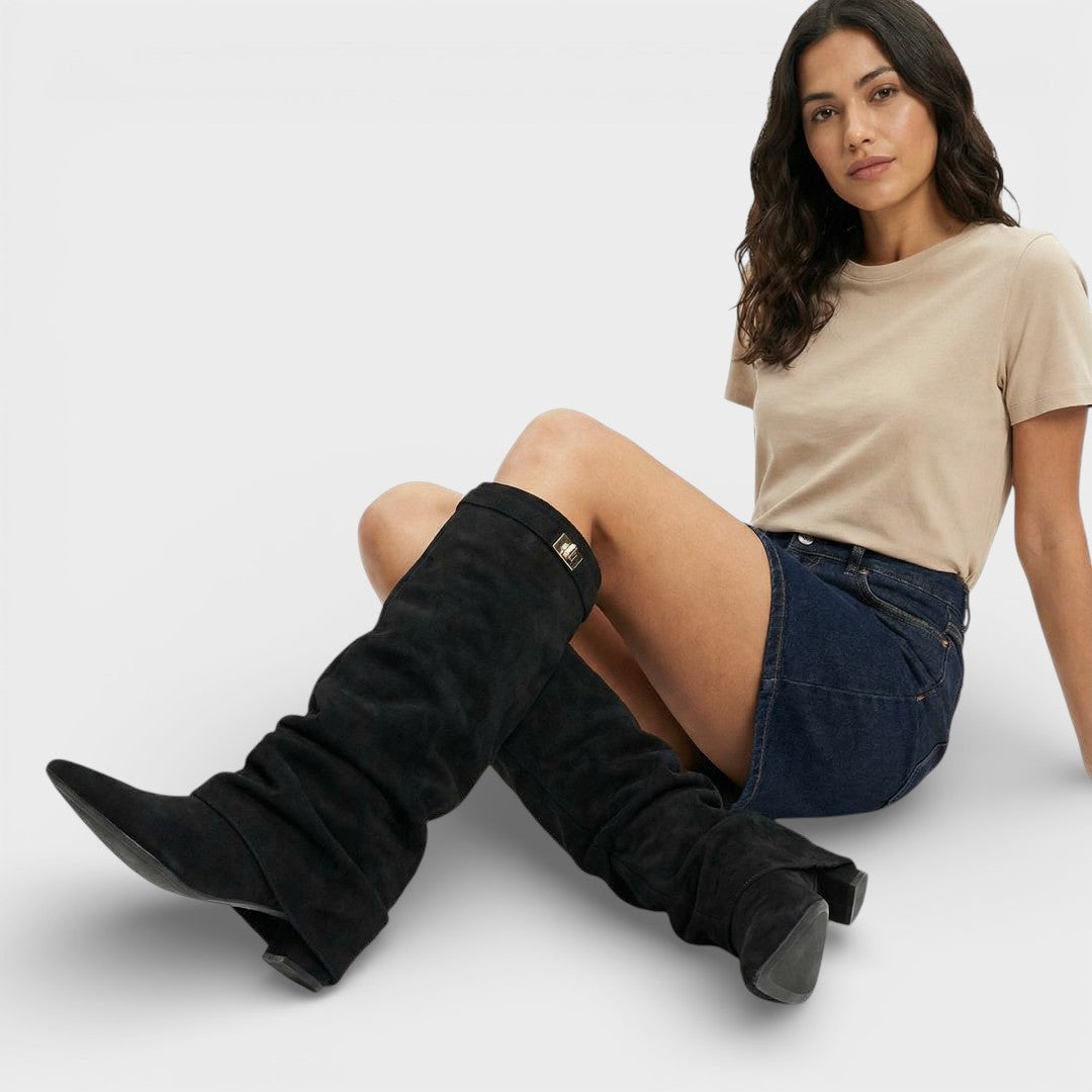 Tammy – Pointed Toe Slouchy Knee Boots with Metallic Clasp