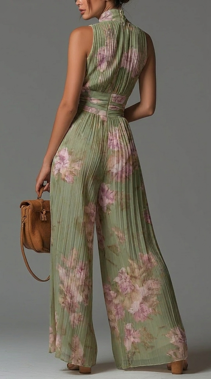 Sandra – Pleated Floral Chiffon Jumpsuit