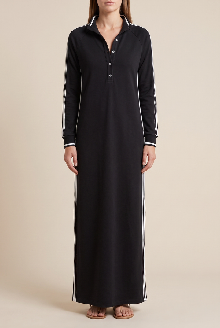 White-Trimmed Button-Down Collar Sweatshirt Maxi Dress