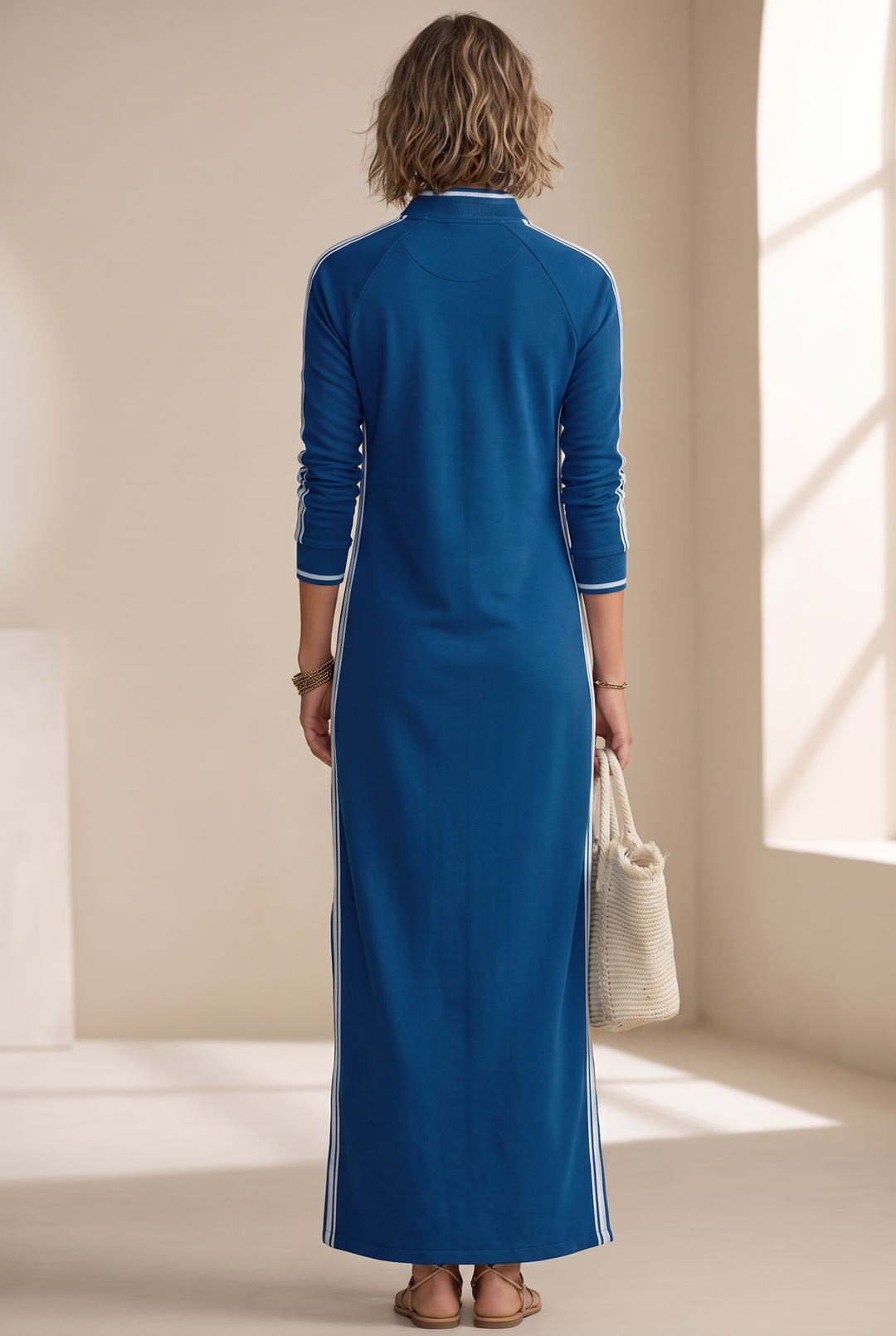 White-Trimmed Button-Down Collar Sweatshirt Maxi Dress
