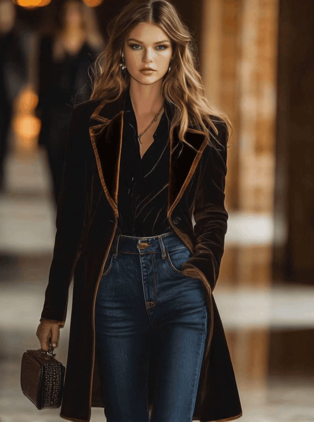 Brown Velvet Colour-Block Lapel Coat with Pockets