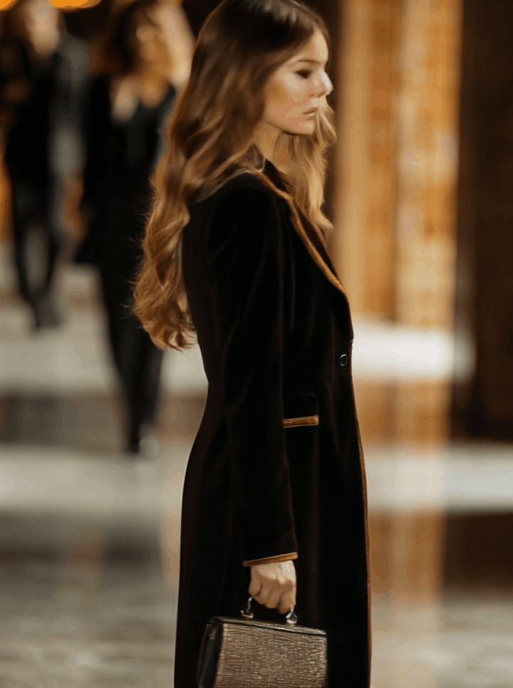 Brown Velvet Colour-Block Lapel Coat with Pockets