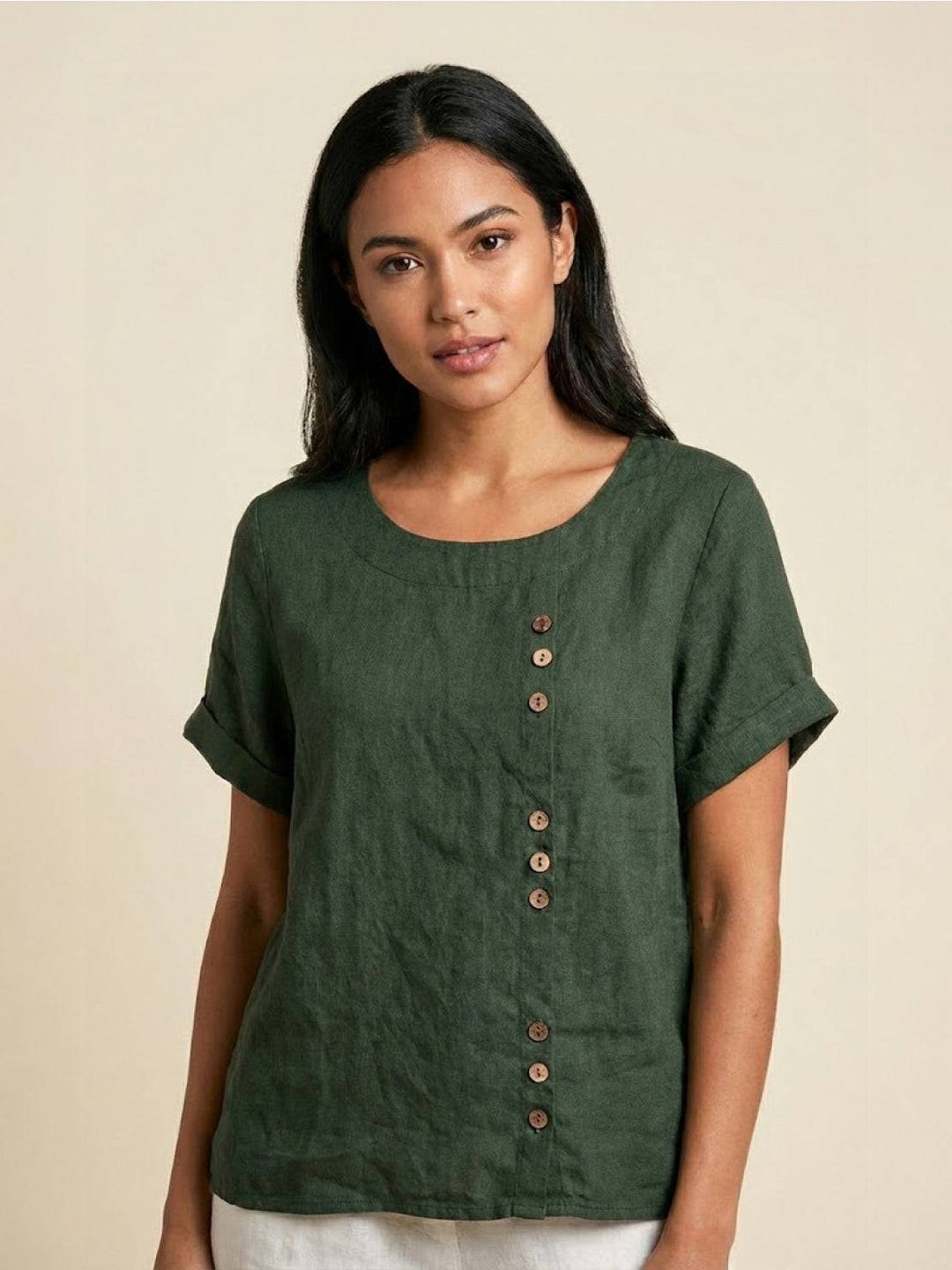 Grace | Women’s Linen Round Neck Button Blouse