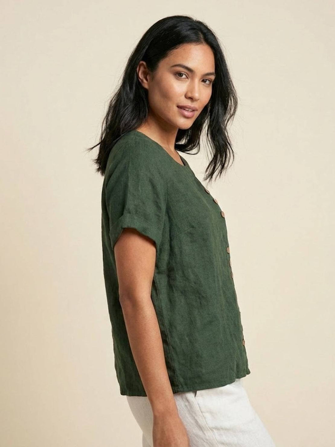 Grace | Women’s Linen Round Neck Button Blouse