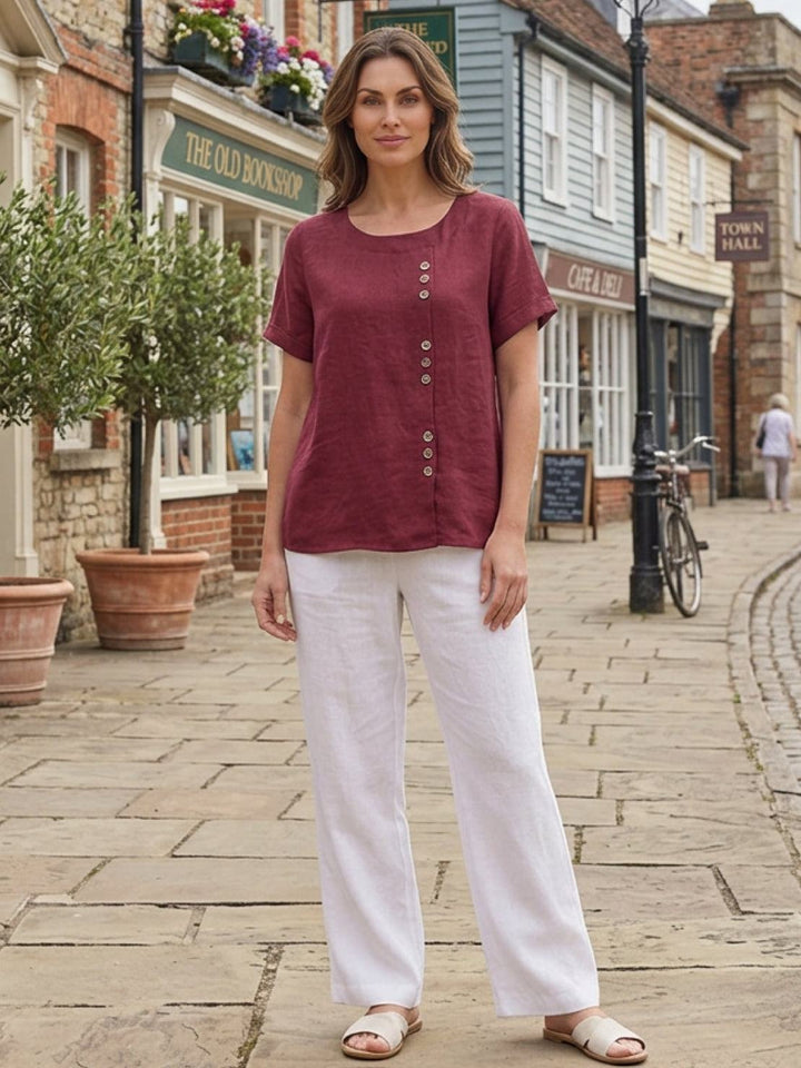 Grace | Women’s Linen Round Neck Button Blouse